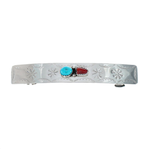 Native American Navajo Turquoise Coral Sterling Silver Hair Barrette JX131010